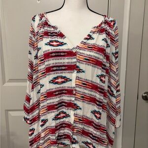 Show Me Your Mumu white aztec red tribal print button down blouse size L